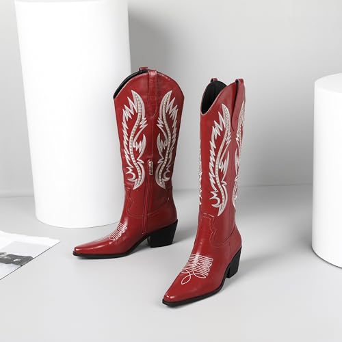 Image of LingxiaUne Red Knee High Cowboy Boots For Women Wide Calf Distressed Western Cowgirl Boot With Low Block Heels And Pointed Toe Trendy Comfortable Size 9