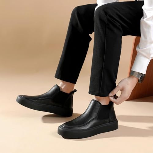 Image of Men's Leather Platform Chelsea Boots Round Toe Comfortable Fur Lined Elastic Slip-On Casual Ankle Boots Mid-Top Business Work Dress Booties