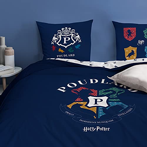 CTI Harry Potter Blason - Juego de Funda nórdica de 240 x 220 cm y 2 Fundas de Almohada de 63 x 63 cm, Estampado Mixto, Color Azul