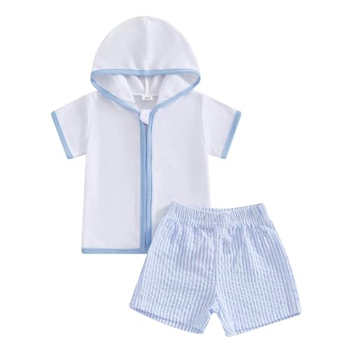 Toddler Baby Boys Girls Swim Cover Up Towel Thick Zipper Hoodies Seersucker Shorts Set Beach Bathing