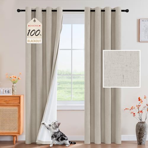 Image of PrinceDeco Blackout Curtains Linen Blended 84 Inch Long Room Darkening Black Out Curtains for Living Room with Natural Slubs & Grayish (Not Solid) Thermal Insulated Grommet 2 Panels,Heathered Linen