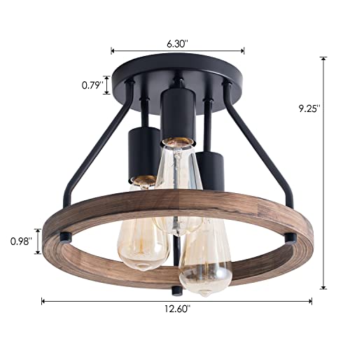 Viluxy Industrial Flush Mount Ceiling Light Fixture With Retro Wood Circle Shade For Hallway thumb #2