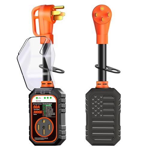 RVRVHOMM 30000J 50Amp RV Surge Protector 50 Amp Flag Design - Upgraded Power Surges Voltage Protection Circuit Analyzer IP68 Waterproof Cover for 50A RVS Camper Trailer Must Haves (50Amp, Orange)