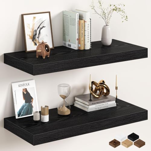 Image of 32Inch Black Floating Shelves for Wall, 12 Inch Deep Shelves for Bedroom, Kitchen, Bathroom Wall Mounted, Rustic Wood Floating Shelf with Invisible Brackets for Books, Storage, Decor, 2 Packs