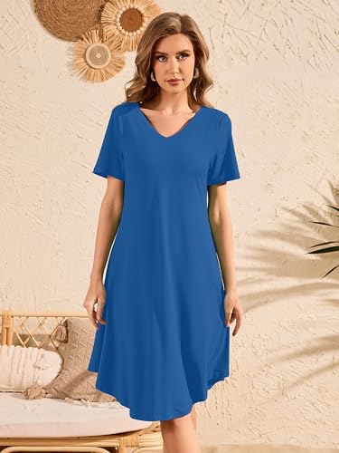 Image of DEARCASE Summer Dresses for Women V-Neck Short Sleeve T Shirt Dress Casual Flowy Swing Beach Vacation Mini Sundress