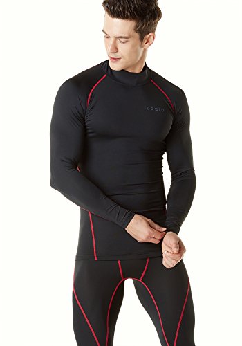 TSLA Men's Thermal Long Sleeve Compression Shirts, Mock/Turtleneck Winter Sports Running Base Layer Top, Thermal Mock Neck(yut32) - Black & Red, Medium