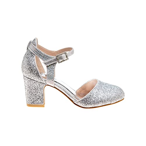 Badgley Mischka Girls Dress Shoes - Kids Rhinestone Dress Pump Block High Heel Sandals With Ankle Strap - Silver (3 Big Kid) #TOP1