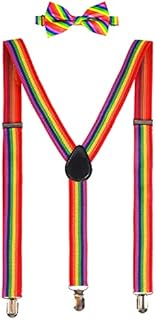 Suspenders Straps (Rainbow) Bow Tie Set, Y Back Style Comfortably Adjustable Elastic with Clips Unisex for Pride, Summer and Festivals Cosplay Party