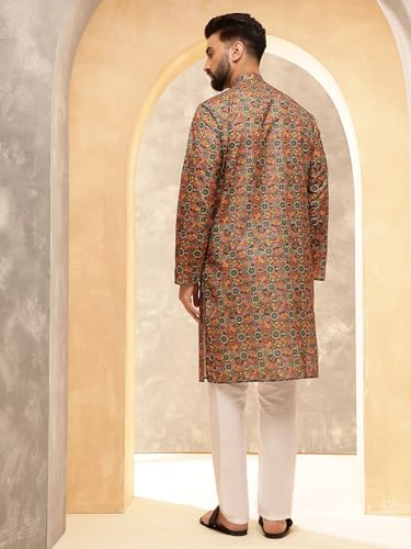 Image of SOJANYA Men's Multicolor Green Artistic Geometric Print Ethnic Wear Cotton Kurta