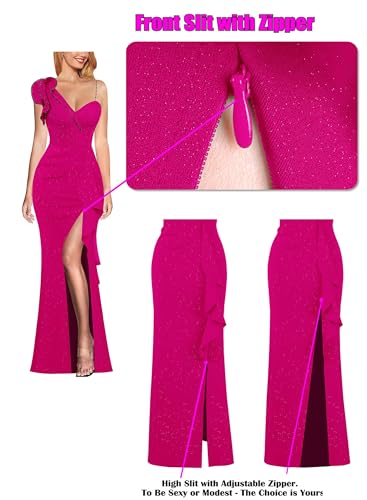 Image of VFSHOW Womens Formal Prom Elegant Ruffle One Shoulder Beaded Strap Ruched Slit Maxi Dress Wedding Evening Long Gown