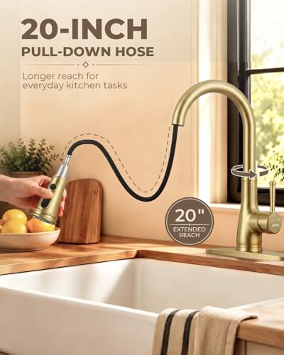 Image of WEWE Vintage Kitchen Faucet with Pull Down Sprayer, Stainless Steel 1 or 3 Hole High Arc Single Handle Antique Sink Faucet for Classic Modern Ktichen, Gold Bar & Prep Sinks