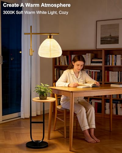 Image of 66IN Gold&Black Dimmable Floor Lamps with Storage Table, Modern Standing Tall Lamp with Milky White Lampshade, Cross-Shaped Lamp Head and U-Pole Base Style for Living Room /Bedroom