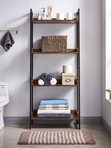 AMOAK 4-Tier Bookshelf, Industrial Ladder Shelf, Bookshelves, Vintage Bookcase, Storage Rack Shelves for Living Room, Bathroom, Wooden and Metal Frame, Retro Brown