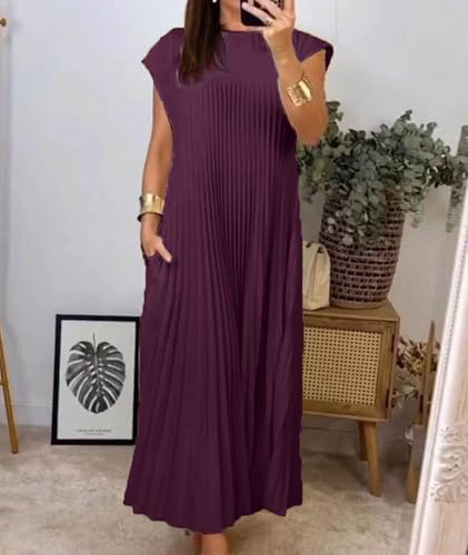 Image of SEMATOMALA Women's Pleated Short Sleeve Maxi Dress Crewneck Loose Fit Flowy Swing Long Dress with Pockets