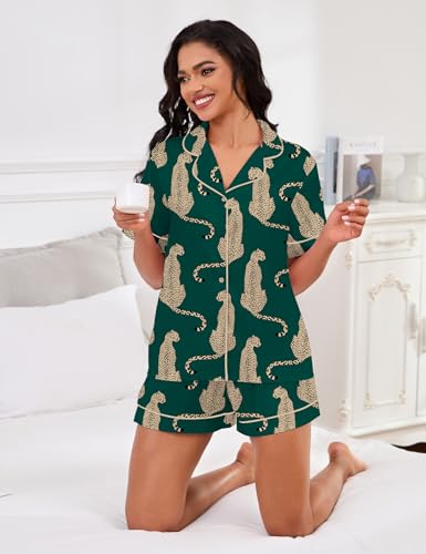 Image of SHESHOW Satin Pajamas for Women Set Preppy Animals Pjs Short Sleeve Shorts 2 Piece Loungewear Sets XS-XXL