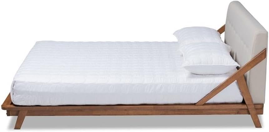 BOWERY HILL Mid-Century Queen Platform Bed, Solid Rubberwood Frame with Light Beige Upholstered Headboard, Walnut Brown Finish, Slat Support, 33.7" H x 65" W x 88.8" D, Stylish Bedroom Furniture