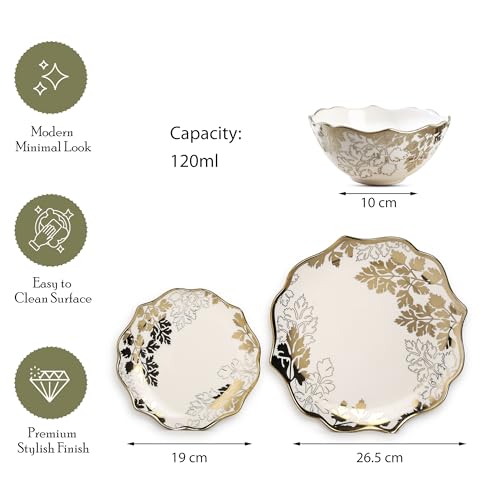 Image of Timeless Elegance Dinner Set, White & Gold, 18 Piece | Gold Plated, Porcelain Crockery with Scalloped Rim, For 6 People, 6 Dinner Plates, 6 Quarter Plates & 6 Veg Bowls, DSS01