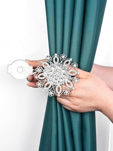 Image of PINKPARI (Label) Magnetic Creative Diamond Curtain Tiebacks, 2 Pcs. Spring Tie Back, Decorative for Home, Office, Hotel (Silver Platinium Diamond, 399)