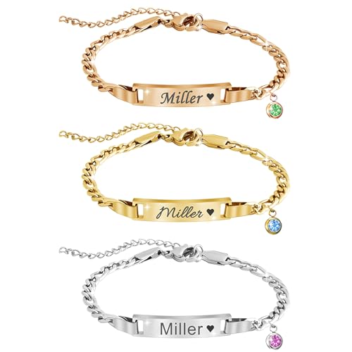 Custom Name Bar ID Bracelets, Personalized 18k Gold Plated Engrave Charm Bracelet with Name Birthstone,Customized Birthday Christmas Mother's Day Gifts for Women Girls Mom-Adjustable Length
