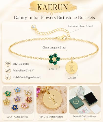 Image of KAERUN Initial Birthstone Gold Bracelets for Women Dainty Flowers Bracelets