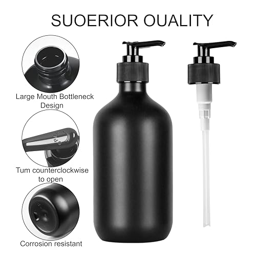 2 STK 500ml Seifenspender, Shampoo Flaschen zum Befüllen, Spülmittelspender, Leere Pumpflaschen Duschgel Dispenser für Küche Bad Lotionen Shampoos, mit Trichter & Etiketten (Mattschwarz) (Schwarz)
