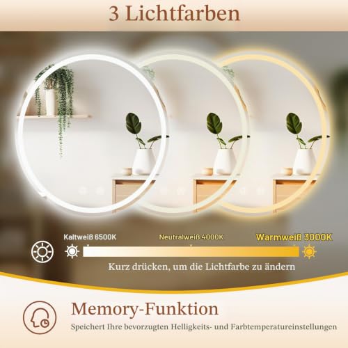 Clevich Runder Badspiegel mit Beleuchtung 60 cm, LED Wandspiegel – Ansicht 3