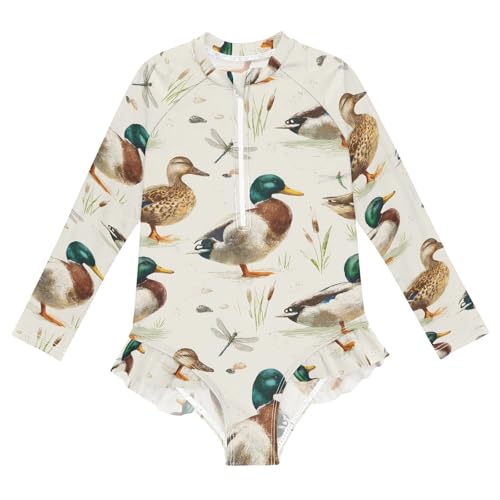 ALAZA Dragonfly Duck Girls One Piece Swimsuit Long Sleeve Rash Guard Swimsuits UV 50+ Swimwear Zipper - Main Image