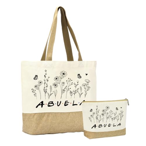 WFDN Abuela flower Tote Bag & Makeup Bag Set - Cute flower Canvas Tote Bag with Cosmetic Pouch for Women, Reusable Grocery Bag, Gift for Mom, Best friend