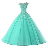 HUINI Vintage Ballkleid A-Linie Prinzessin Abschlussballkleid Lang Abendkleid Spitzen Hochzeitskleid Türkis 34