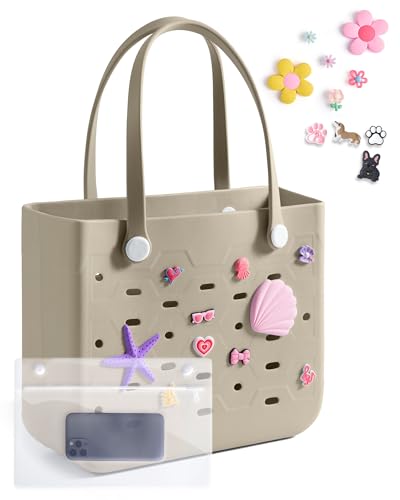 BAGSMART Beach Bag for Women Water-resistant Rubber Tote Bag Sandproof Vacation Essentials for Summer Swim Cruise Pool Camel Medium