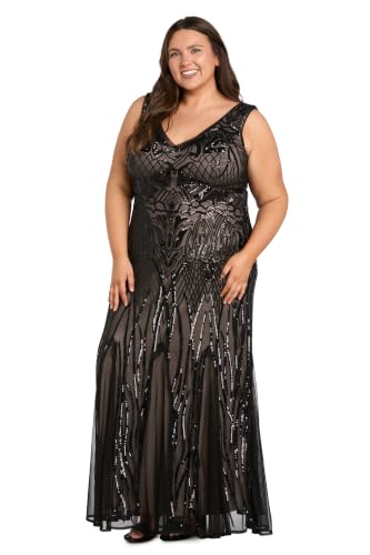 Image of R&M Richards Women's Luxurious Sequin Embellished Gown | V-Neck Formal Beaded Maxi Dress W /Contrast Lining & Godet Skirt