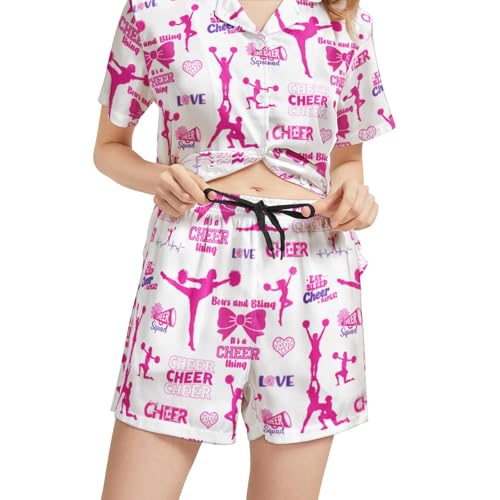 Image of Funny Pajamas for Women Set Print Satin Loungewear Pjs Short Sleeve Button Down Top and Shorts Sets Sleepwear XS-3XL