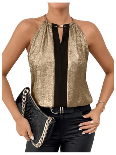 SOLY HUX Women's Metallic Sleeveless Shirts Color Block Halter Neck Tunic Top Party Club Blouses