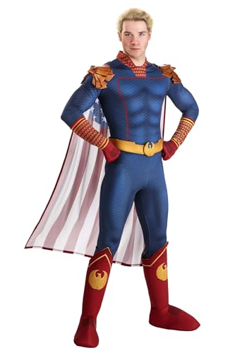 Adult Homelander Costume | Men's The Boys Vought Supe Blue Superhero Uniform Jumpsuit w/Flag Cape & Eagle Epaulets Medium