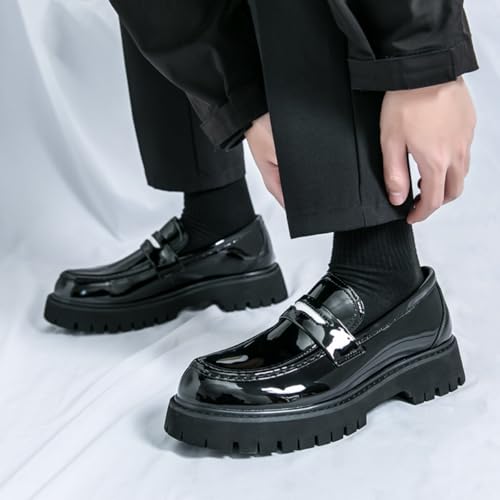 Mens Fashion Patent Leather Platform Slip-On Dress Penny Loafers Round Toe Chunky Heels Non-Slip Casual Shoes for Formal Business Wedding Prom 6