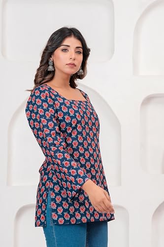 Image of Women's Blue & Red Printed Cotton Short Kurti | Bell Sleeve Straight Kurta | Pure Cotton Casual