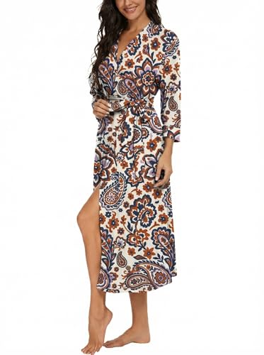 Image of VINTATRE Robes for Women Long Knit Bathrobe XS-4XL | 3 /4 Sleeve Bathrobes with Pockets, Stretchy and Lightweight Fabric, Inner Tie and Fixed Outer Matching Belt, Mid Calf Length
