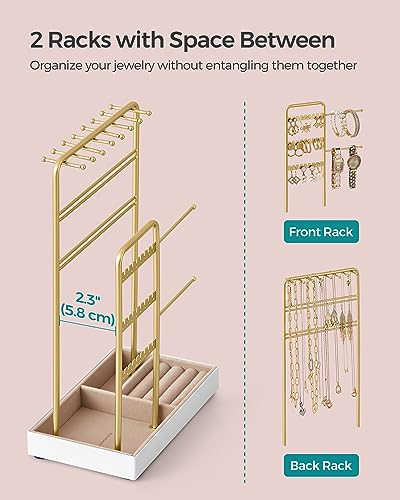 SONGMICS Jewelry Holder, Jewelry Organizer, Jewelry Display Stand with Metal Frame, Velvet Tray, Necklace Earring Bracelet Holder, for Studs, Rings, Gift Idea, Pale Gold UJJS021A013