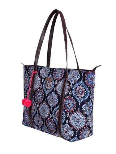 Image of NEPRI Oversized Office Tote Bag | Stylish Tote Bags | Purse for Women | Vegan Leather & Hanblock Printed Fabric Handbag with Double Handle Shoulder Strap| Daily & Travel Use