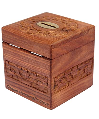 Image of Wooden Money /Piggy Bank, Money Box, Coin Box with Carved Design for Kids /Children. with Lock (Wooden Money Bank Coin Storage Kids 14)