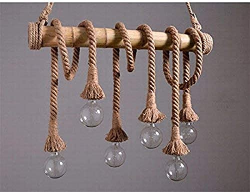 Image of GreyWings Rustic Jute Rope Hanging Light with Wooden Beam 6 Light Pendant Ceiling Lamp Farmhouse Hanging Light for (Bulb not Included), Pack of 2