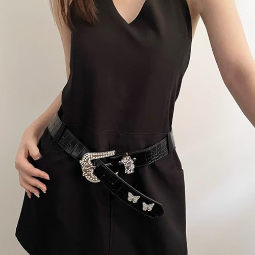 Black Western Leather Belts Rhinestone Buckle Belt for Women Cowgirl Belts for Jeans Pants3