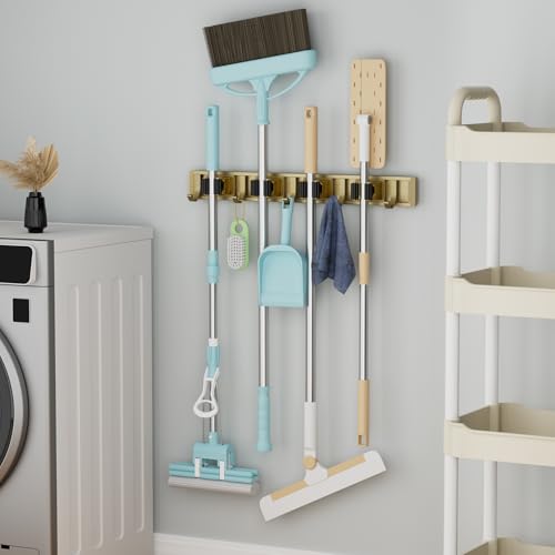 Image of reliahom Broom Holder Wall Mount Mop Hanger Tools organizer 4Racks 5Hooks | Adjustable Mop Broom Wall Hanging Heavy duty Tools Storage Rack Space-saving for Garage,Kitchen,Laundry Room,Garden, Bronze