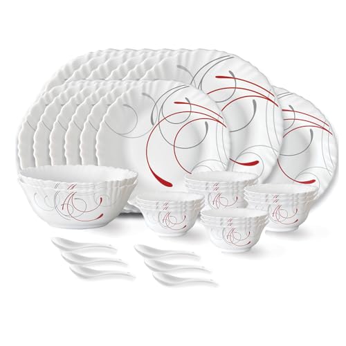 Image of Larah by Borosil Boro Fluted Series Opalware Dinner Set | 33 Pieces for Family of 6 | Microwave & Dishwasher Safe | Bone-Ash Free | Crockery Set for Dining & Gifting | Plates & Bowls | White