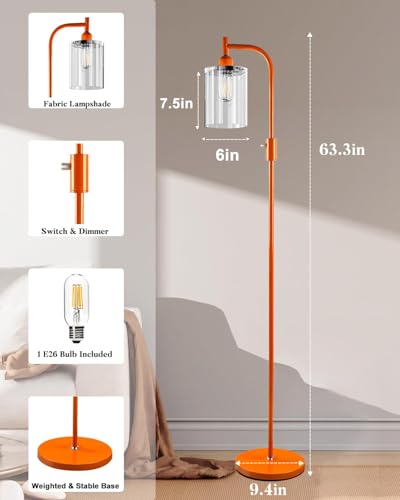 Image of Lightdot 63IN Glass Floor Lamp for Living Room, Dimmable Modern Standing Lamps with Clear Glass Shade, Mid Century Industrial Floor Lamp with Bulb Included for Bedroom /Sofa Beside /Corner Decor -Orange