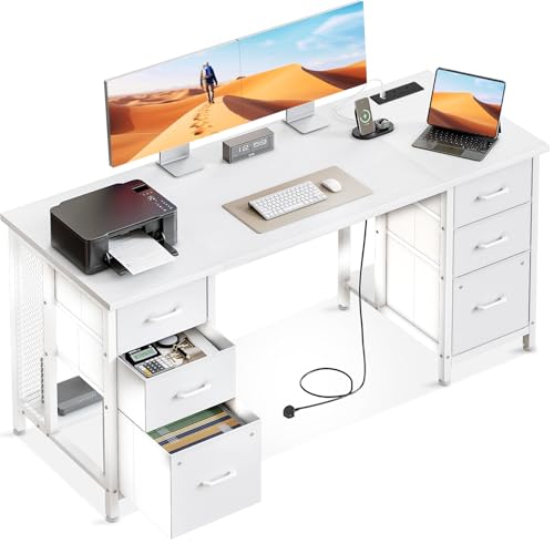 Coleshome Desk with 6 Fabric Drawers, 160x52 cm Computer Desk with Socket, Office Table with Filing...