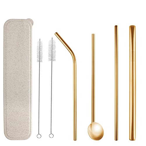 Portable Stainless Steel Reusable Cocktail Drinking Straws with 2 Cleaner Brush Se(gold).