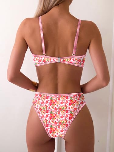 Image of Fanuerg Women's Triangle Bikini Sets O Ring Linked Two Piece Swimsuits Floral Printed Cheeky Bathing Suit
