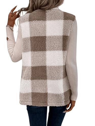 GORGLITTER Women's Plaid Teddy Vest Coat Sleeveless Open Front Long Vest Pockets Fuzzy Outerwear2