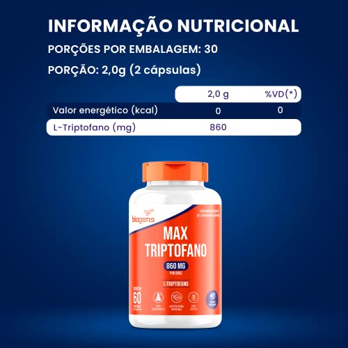 Max triptofano, 860mg L-triptogano, 60 cápsulas, Biogens